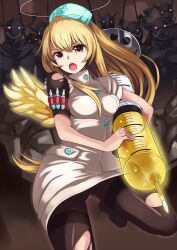  :o absurdres angel black_pantyhose blonde_hair breasts brown_eyes buttons commentary_request cross crossed_arms female glowing glowing_eyes halo hat highres holding horns large_syringe leg_up liquid long_hair medium_breasts mook nurse nurse_cap open_mouth original oversized_object pantyhose shoes solo sora-bozu syringe torn_clothes torn_pantyhose torn_sleeves wings 