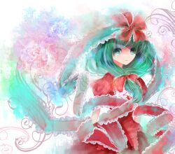  bow commentary_request dress female floral_background frills front_ponytail green_eyes green_hair hair_ornament hairbow highres hoshika_ranoe kagiyama_hina long_hair photoshop_(medium) red_dress ribbon solo tears touhou 