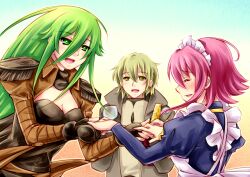  1boy 2girls blonde_hair closed_eyes commentary_request green_eyes green_hair holding_hands johan long_hair multiple_girls pheles piku pink_hair shakugan_no_shana short_hair wilhelmina_carmel 