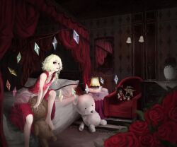  akai_kitsune bad_id bad_pixiv_id bare_shoulders bed blonde_hair bow character_doll female flandre_scarlet flower hairbow hakurei_reimu highres indoors kirisame_marisa no_headwear red_bow red_eyes rose side_ponytail sitting sleeveless smile solo stuffed_animal stuffed_toy teenage touhou wings 