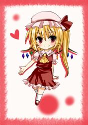  asahana_jun ascot blonde_hair blush chibi commentary_request female flandre_scarlet hat heart lowres red_eyes side_ponytail smile solo touhou wings 