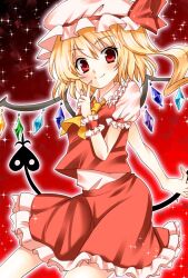  asahana_jun blonde_hair commentary_request female flandre_scarlet hat index_finger_raised laevatein_(touhou) looking_at_viewer red_eyes short_hair side_ponytail smile solo sparkle touhou wings wrist_cuffs 