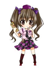  asahana_jun blush brown_eyes brown_hair cellphone checkered_clothes checkered_skirt chibi commentary_request female geta himekaidou_hatate necktie phone skirt solo tengu-geta touhou twintails 