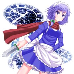  apron blue_eyes blush braid clock commentary_request dress female grey_hair izayoi_sakuya knife kokubun_(akikawaship) magic_circle maid maid_headdress red_scarf scarf short_hair smile solo touhou twin_braids 