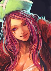  anti-eyebrow_piercing bad_id bad_pixiv_id black_background breasts cleavage coat female fur_coat hat jewelry_bonney large_breasts long_hair one_eye_closed one_piece parted_lips photoshop_(medium) pink_hair purple_eyes realistic simple_background smile solo tsuyomaru upper_body 