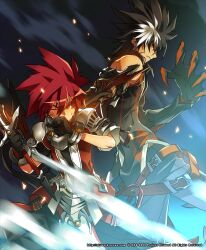  2009 2boys armor belt black_gloves black_hair blue_background brown_eyes claws coat covered_mouth elsword elsword_(character) gloves lord_knight_(elsword) male_focus mechanical_arms multicolored_hair multiple_boys official_art one_eye_closed pants pauldrons raven_cronwell reckless_fist_(elsword) red_hair ress shoulder_armor single_mechanical_arm spiked_hair streaked_hair sweat two-tone_hair white_hair 