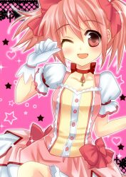  asahana_jun blush commentary_request female heart kaname_madoka kaname_madoka_(magical_girl) magical_girl mahou_shoujo_madoka_magica mahou_shoujo_madoka_magica_(anime) one_eye_closed open_mouth pink_eyes pink_hair smile solo star_(symbol) 