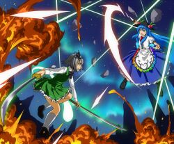  2girls bad_id bad_pixiv_id battle blue_hair dress duel hat highres hinanawi_tenshi konpaku_youmu konpaku_youmu_(ghost) multiple_girls ragi_(schrdngr) sky sword_of_hisou touhou 