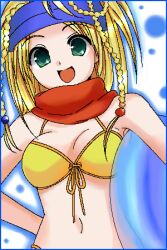  asahana_jun bikini blonde_hair blue_headband border braid breasts commentary_request female final_fantasy final_fantasy_x final_fantasy_x-2 green_eyes headband innertube lowres medium_breasts open_mouth rikku_(ff10) solo swim_ring swimsuit thief_(final_fantasy) 