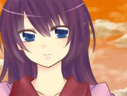  bad_id bad_pixiv_id bakemonogatari blue_eyes blush female long_hair monogatari_(series) naoetsu_high_school_uniform photoshop_(medium) purple_hair school_uniform senjougahara_hitagi sky smile solo sorakase_sawa upper_body 