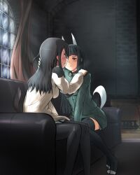  2girls anabuki_tomoko animal_ears black_hair blush commentary_request couch dog_girl dog_tail elizabeth_f._beurling fireplace fox_ears fox_girl fox_tail imminent_kiss long_hair military military_uniform multiple_girls pantyhose photoshop_(medium) sitting strike_witches:_suomus_misfits_squadron sweater tail thighhighs ulrich_(tagaragakuin) uniform world_witches_series yuri 