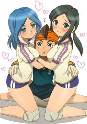  1boy 2girls blue_hair blush breasts brown_eyes brown_hair buruma commentary_request endou_mamoru girl_sandwich hato_niku headband inazuma_eleven inazuma_eleven_(series) kira_hitomiko large_breasts long_hair multicolored_hair multiple_girls sandwiched short_hair smile twintails two-tone_hair urubida white_hair 