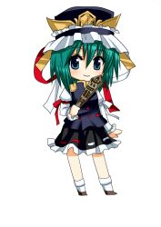  asahana_jun chibi commentary_request female green_eyes green_hair hat ribbon rod_of_remorse shiki_eiki simple_background smile solo touhou 