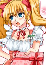  asahana_jun averting_eyes blonde_hair blue_eyes blush breasts commentary_request daikuuji_ayu female gift hand_on_own_hip heart holding holding_gift incoming_gift kimi_ga_nozomu_eien medium_breasts name_tag solo tsundere twintails valentine 