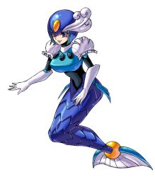  blue_eyes breasts commentary_request elbow_gloves eyelashes eyeshadow female gloves helmet large_breasts makeup mega_man_(classic) mega_man_(series) mega_man_9 mermaid monster_girl robot seiryu_keita simple_background smile solo splash_woman white_background 