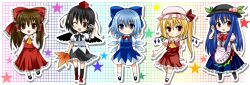  5girls asahana_jun bad_id bad_pixiv_id black_hair blonde_hair blue_eyes blue_hair blush bow brown_eyes brown_hair camera chibi cirno flandre_scarlet food fruit hair_tubes hairbow hakurei_reimu hat heart hinanawi_tenshi holding long_hair multiple_girls one_eye_closed open_mouth peach photoshop_(medium) red_eyes shameimaru_aya short_hair side_ponytail smile star_(symbol) tokin_hat touhou wings 