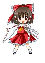  asahana_jun ascot bow brown_eyes brown_hair chibi commentary_request detached_sleeves female fighting_stance foreshortening hair_tubes hairbow hakurei_reimu jpeg_artifacts open_mouth outstretched_arm red_bow simple_background smile solo touhou 