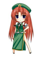  asahana_jun bare_legs blue_eyes blush braid chibi commentary_request female hand_on_own_hip hat hong_meiling long_hair red_hair serious side_slit simple_background solo touhou twin_braids very_long_hair 