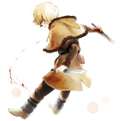  1boy arm_at_side belt_pouch blonde_hair blood blood_on_face blood_on_hands blood_on_weapon blood_splatter boots brown_pants capelet closed_mouth commentary_request dagger dual_wielding from_behind frown full_body fur_trim holding knife layered_sleeves long_sleeves looking_at_viewer male_focus natsuo_(hatohaco) outstretched_arm pants pouch profile reverse_grip shaded_face short_over_long_sleeves short_sleeves sideways_glance solo thorfinn tunic vinland_saga weapon white_background 