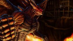  2boys 2guys armor demon&#039;s_souls dragon dragon_god from_software glowing great_sword highres lava molten_rock monster multiple_boys ruins souls_(from_software) sword weapon 