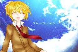  1boy :d blonde_hair closed_eyes commentary_request kagamine_len male_focus necktie open_mouth photoshop_(medium) red_necktie smile solo sorakase_sawa vocaloid 