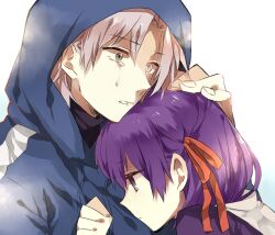  1boy aged_down commentary_request dress fate/zero fate_(series) female hair_ribbon hand_on_another&#039;s_head heterochromia hood hoodie lolicon matou_kariya matou_sakura purple_eyes purple_hair ribbon scarf tears uncle_and_niece white_hair wonoco0916 