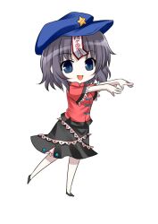  asahana_jun blue_eyes chibi chinese_clothes commentary_request female grey_hair hat hat_ornament jiangshi miyako_yoshika ofuda open_mouth outstretched_arms short_sleeves simple_background solo star_(symbol) star_hat_ornament touhou white_background zombie_pose 