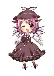  ;d animal_ears asahana_jun blush chibi commentary_request earrings female hat jewelry mystia_lorelei one_eye_closed open_mouth outstretched_arms pink_eyes pink_hair short_hair simple_background smile solo spread_arms touhou wings 