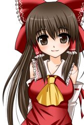  :3 arms_behind_back asahana_jun ascot bad_id bad_pixiv_id blush bow breasts brown_eyes brown_hair detached_sleeves female hair_tubes hairbow hakurei_reimu lips long_hair looking_at_viewer medium_breasts photoshop_(medium) red_bow simple_background smile solo touhou upper_body 