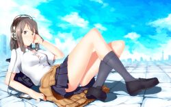  akg akg_k-series_headphones bad_id bad_pixiv_id clothes_around_waist day female grey_eyes grey_hair grey_socks hand_on_headphones headphones highres jacket jacket_around_waist lying onsen_nakaya original panties pleated_skirt school_uniform skirt sky socks solo underwear 