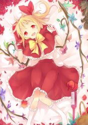  adapted_costume alternate_wings apple basket blonde_hair bottle bow capelet commentary_request dress female flandre_scarlet flower food fred04142 fruit hair_ribbon highres kneehighs looking_at_viewer lying oerba_yun_fang on_back open_mouth photoshop_(medium) red_eyes ribbon rose side_ponytail smile socks solo touhou white_socks wings wrist_cuffs 