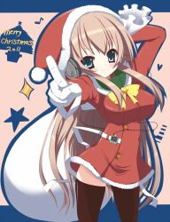  2011 bag black_legwear black_thighhighs blonde_hair blonde_hair blue_eyes breasts christmas female female gloves hat headphones kuronekogata large_breasts legwear long_hair new_year original santa_costume santa_hat skirt solo sony standing stockings thighhighs 