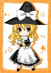  asahana_jun blonde_hair blush braid brown_eyes chibi commentary_request female hands_on_own_hips hat kirisame_marisa long_hair lowres partial_commentary smile solo star_(symbol) touhou witch_hat 