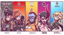  1boy 4girls adepta_sororitas amazon armor big_breasts blonde_hair blue_eyes blue_skin breasts brother_complex brown_hair chaos_(warhammer) chaos_space_marine cleavage color crossover daemonette demon_girl demon_horns eclaire_auger_(n647) eldar elf_ears english_text eyebrows_visible_through_hair glasses hat horns huge_breasts imperial_guard jack_knight_(n647) long_tongue looking_at_viewer megan_james_(n647) mimi_haruki_(n647) n647 pointy_ears red_hair rose_drake_(n647) sister_of_battle smiling taller_female tau text upper_body voluptuous warhammer_(franchise) warhammer_40k 