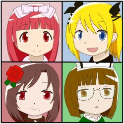  4girls blonde_hair blue_eyes brown_eyes brown_hair casper_(deathsmiles) commentary_request deathsmiles flower follett_(deathsmiles) glasses hair_flower hair_ornament hat mahou_shoujo_madoka_magica mahou_shoujo_madoka_magica_(anime) mole multiple_girls nagatsuki_yuu nurse_cap parody portrait red_eyes red_flower red_hair red_rose ribbon rosa_(deathsmiles) rose semi-rimless_eyewear smile style_parody windia_(deathsmiles) 