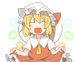  ascot bad_id bad_pixiv_id blonde_hair closed_eyes clothes_lift dress eiri_(eirri) female flandre_scarlet hat oerba_yun_fang open_mouth short_hair side_ponytail skirt skirt_lift solo touhou upper_body wings 