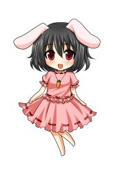  :d animal_ears asahana_jun barefoot black_hair blush carrot carrot_necklace chibi commentary_request dress female full_body inaba_tewi jewelry looking_at_viewer lowres necklace open_mouth pendant rabbit_ears red_eyes short_hair simple_background smile solo touhou 