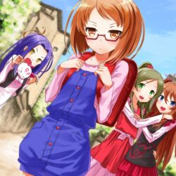  4girls :&lt; annoyed backpack bag blush buntan commentary_request glasses half_updo houjou_hibiki hummy_(suite_precure) kurokawa_eren minamino_kanade multiple_girls precure randoseru seiren_(suite_precure) shirabe_ako suite_precure two_side_up 