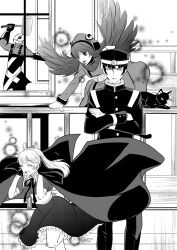  2boys 2girls alice_(megami_tensei) blush cape commentary_request devil_summoner:_raidou_kuzunoha_vs_the_soulless_army devil_summoner_(series) dress feline gloves gouto greyscale hair_ribbon hairband hammer hat highres ippon-datara_(megami_tensei) kuzunoha_raidou long_hair megami_tensei mittens monochrome multiple_boys multiple_girls muu_shuwuu_(megami_tensei) ribbon ryoko_(game_x_over) school_uniform shako_cap shin_megami_tensei short_hair smile wall window wings 