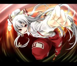  absurdres bow commentary_request female fujiwara_no_mokou hairbow highres koshi-kun letterboxed long_hair pants red_eyes shirt smile solo suspenders toron_(mino106) touhou very_long_hair white_hair 