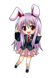  :d animal_ears asahana_jun chibi commentary_request female index_finger_raised long_hair lowres open_mouth purple_hair rabbit_ears red_eyes reisen_udongein_inaba simple_background skirt smile solo touhou white_background 