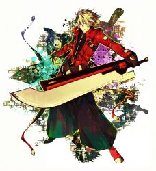  1boy belt black_pants blazblue coat commentary_request full_body gloves green_eyes hakama hakama_pants heterochromia highres huge_weapon inazumrai japanese_clothes left-handed male_focus multiple_belts pants ragna_the_bloodedge red_eyes solo sword weapon white_hair 