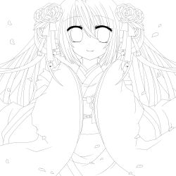  bad_id bad_pixiv_id bell female flower greyscale hair_flower hair_ornament hatsune_miku highres japanese_clothes kimono line_art long_hair monochrome petals smile solo sorakase_sawa vocaloid 