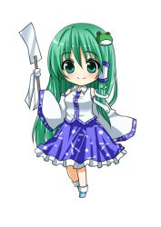  asahana_jun chibi commentary_request detached_sleeves female frog_hair_ornament green_eyes green_hair hair_ornament kochiya_sanae long_hair simple_background smile solo touhou 