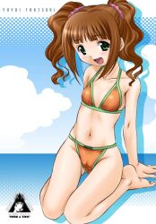  :d artist_name barefoot bikini brown_hair character_name cloud commentary_request day female green_eyes halftone halftone_background idolmaster idolmaster_(classic) long_hair mercy_rabbit navel open_mouth sitting smile solo swimsuit takatsuki_yayoi twintails 