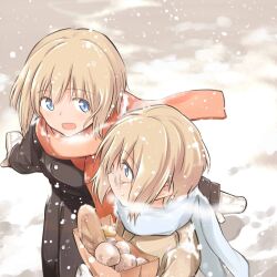  2girls bag blonde_hair blue_eyes blush bread commentary_request erica_hartmann food glasses mittens multiple_girls scarf short_hair siblings sisters smile snow strike_witches strike_witches:_suomus_misfits_squadron tsuchii_(ramakifrau) ursula_hartmann world_witches_series 