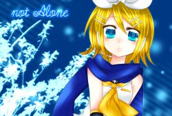  blonde_hair blue_eyes commentary_request female hair_ornament hairclip kagamine_rin looking_at_viewer photoshop_(medium) scarf solo sorakase_sawa upper_body vocaloid 