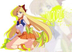  aino_minako back_bow barefoot bishoujo_senshi_sailor_moon blonde_hair blue_eyes bow breasts brooch castella character_name choker commentary_request elbow_gloves feet female gloves hairbow half_updo halftone heart heart_brooch high_heels highres jewelry kneeling long_hair looking_back magical_girl medium_breasts no_panties orange_choker orange_sailor_collar orange_skirt red_bow sailor_collar sailor_senshi_uniform sailor_venus shoes single_shoe skirt smile soles solo star_(symbol) star_choker strappy_heels super_sailor_venus tiara toes very_long_hair white_gloves zoom_layer 