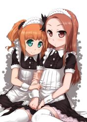  2girls alternate_costume apron arm_hug blush bow brown_eyes brown_hair enmaided frills green_eyes hairbow idolmaster idolmaster_(classic) long_hair maid maid_headdress minase_iori multiple_girls petite short_hair short_twintails simple_background sitting smile takatsuki_yayoi thighhighs ttomm twintails wariza white_legwear wrist_cuffs zettai_ryouiki 