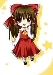  asahana_jun bad_id bad_pixiv_id blush bow brown_eyes brown_hair chibi detached_sleeves female hair_tubes hairbow hakurei_reimu looking_at_viewer lowres open_mouth red_bow smile solo touhou 